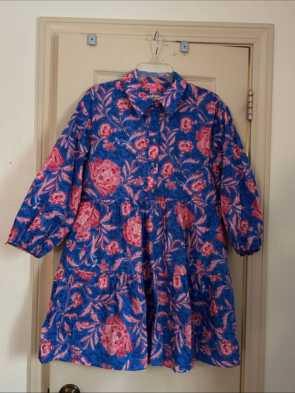 Anthropologie the Bettina Blue Dress with Pink Floral Print